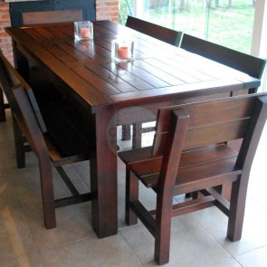 Conjunto de mesa fija y bancos con respaldo para 8 comensales